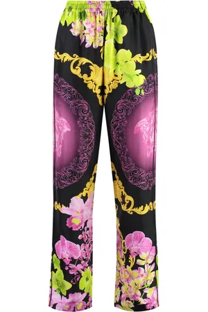 VERSACE Straight Trousers, female, , M, Floral Silk Pajama Trousers