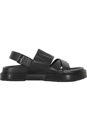 VALENTINO GARAVANI Flat Sandals, male, , 5 1/2 UK, Logo Detail Leather Slippers with Buckle