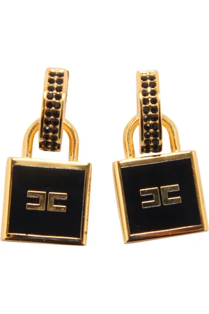 Elisabetta Franchi Gold and Black Hoop Earrings with Lock Charms