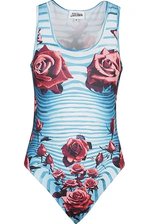Jean Paul Gaultier Blue Striped Floral Bodysuit Top