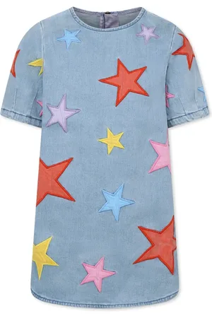 Stella McCartney Dresses, female, , 6 Y, Denim Short-Sleeved Dress with Embroidered Stars