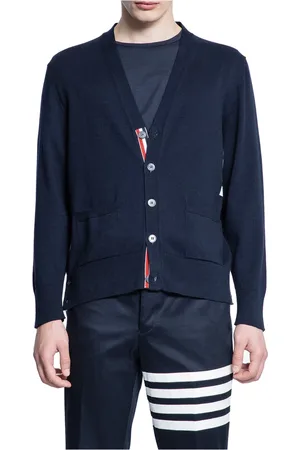 Thom Browne Cardigans, male, , L, Navy V-Neck Cardigan in Cotton