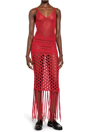 LANEUS Knitted Dresses, female, , 2XS, Crochet Knit Dress V-Neck Fringed