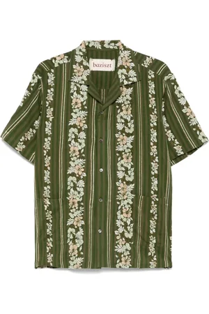 Baziszt Short Sleeve Shirts, male, , M, Embroidered Olive Green Shirt with Stripes
