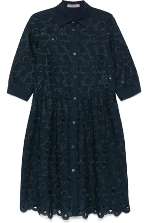 D.EXTERIOR Shirt Dresses, female, , XL, Navy Embroidered Midi Dress