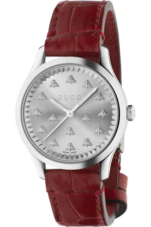 Gucci 32 mm steel case, sunbrushed dial with bees, red colored alligator strap