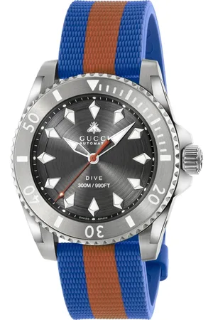 Gucci 40 mm steel case, dark grey dial with bee, steel bezel, rubber strap