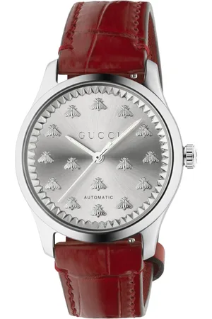 Gucci 38 mm steel case, sunbrushed dial with bees, red colored alligator strap