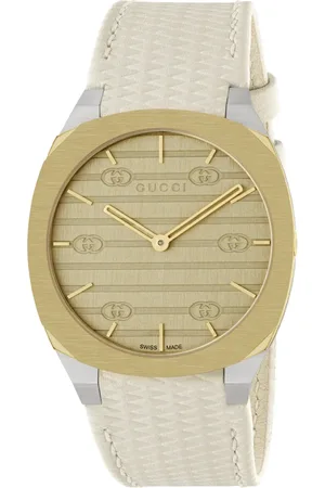 Gucci Watches, female, , ONE SIZE, Multi-layered Golden Brass Dial with White Leather Strap