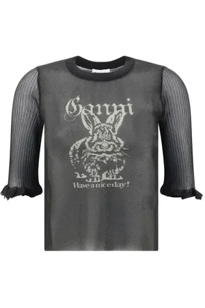 Ganni Long Sleeve Tops, female, , S, Sheer Jacquard Top with Ruffled Sleeves