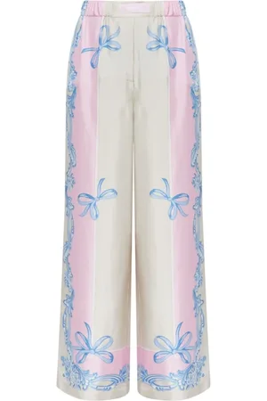 VERSACE Wide Trousers, female, , M, Multicolour Pajama-Style Silk Trousers