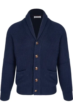 Brunello Cucinelli Cardigans, male, , L, Navy Shawl Cardigan with Pockets