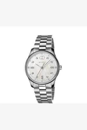 Gucci G-Timeless 29 mm stainless steel case, white mother of pearl dial with and lettering, diamond indexes, stainless steel bracelet