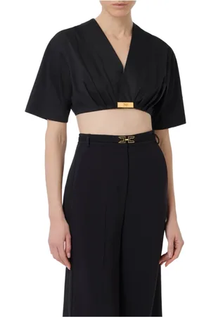 Elisabetta Franchi Blouses, female, , XL, Short Cotton V-Neck Shirt