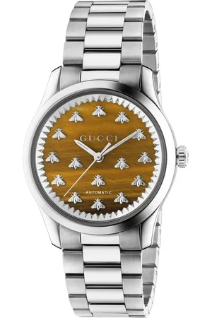 Gucci Watches, female, , ONE SIZE, Steel case, brown tiger eye stone dial with bees, steel bracelet
