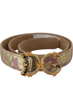 Dolce & Gabbana Belts, female, , 75 CM, Rose Jacquard Logo Belt Gold Buckle