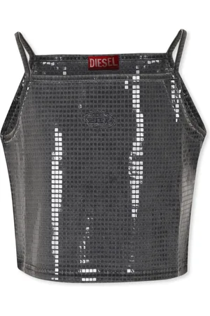 Diesel Sleeveless Tops, female, , 8 Y, Grey Cotton Crop Top with Sequins