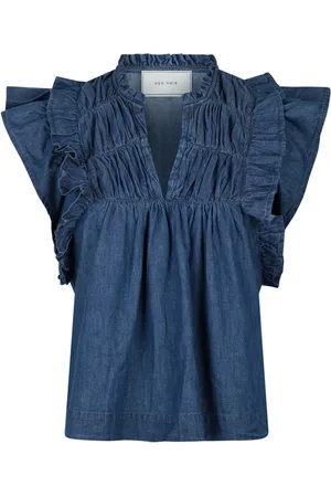 Neo Noir Blouses, female, , S, Feminine Denim Top with Flounce Details