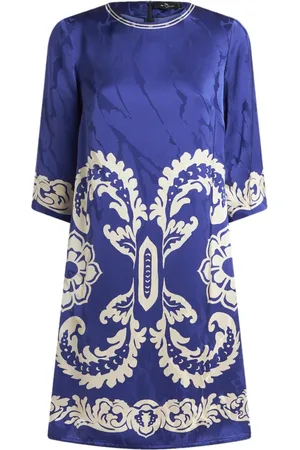 Etro Printed Dress Round Neck 3/4 Sleeves Back Zip Side Pockets
