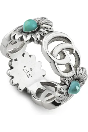 Gucci Rings, female, , 51 MM, Argento 925, Mother of Pearl, Blue Topaz, Resin - Ring with Double G and flower motif in shiny aged sterling silver, mother of pearl, blue topaz and turquoise resin