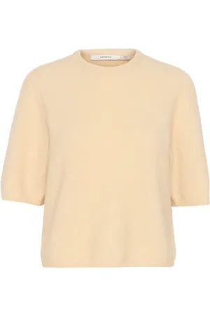 Gestuz Round-neck Knitwear, female, , S, Soft Tee with Half Sleeves in Butter Yellow Melange