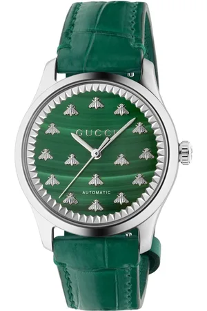 Gucci 38mm steel case, green malachite stone dial with bees, green alligator leather bracelet