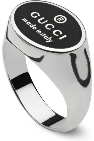 Gucci Rings, female, , 53 MM, Trademark Chevalier ring in sterling silver with black enameled oval tag