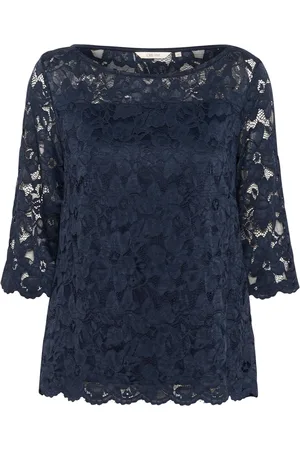 Cream Navy Lace Blouse with ¾ Sleeves