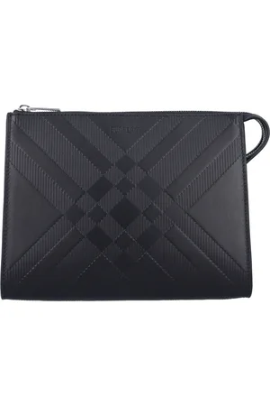 Burberry Clutches, male, , ONE SIZE, Embossed Check Leather Gusset Pouch
