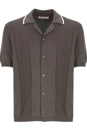 Brunello Cucinelli Grey Knitted Cotton Shirt with Collar