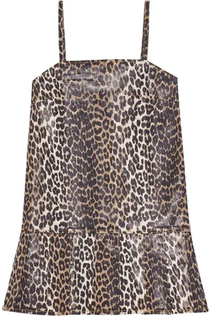 Ganni Short Dresses, female, , S, Leopard Foil Print Denim Strap Dress