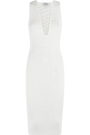 Elisabetta Franchi Ivory Knit Dress with V-Neck