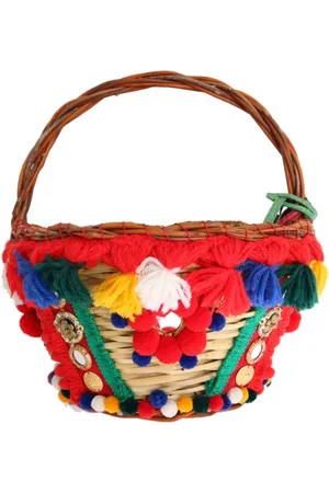 Dolce & Gabbana Exotic Beige Straw & Fur Pom Pom Tote
