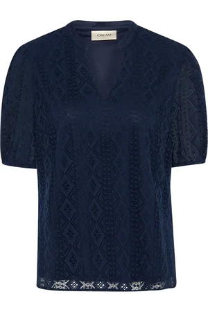 Cream Elegant Lace Blouse Navy Blazer