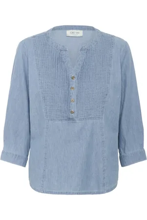 Cream Blouses, female, , S, Denim Blouse with V-Neck and ¾ Sleeves