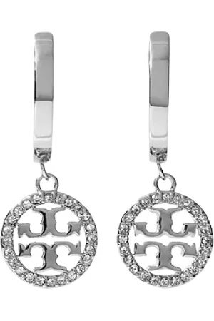Tory Burch Crystal Round Earrings with Silver Pendant