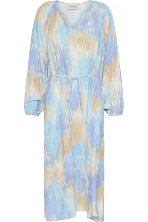 Cream Blue Watercolor Dress with Puff Sleeves