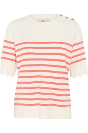 Cream Round-neck Knitwear, female, , XS, Striped Knit Blouse with Button Details