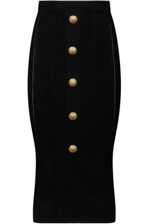 Balmain Midi Skirts, female, , M, Knit Midi Skirt with Lion Buttons
