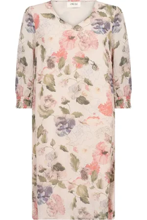 Cream Floral Dress with V-Neck