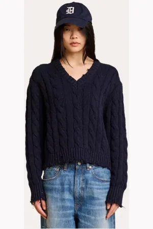 Denimist V-neck Knitwear, female, , L, Navy Cable V-Neck Jumper
