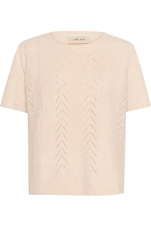 Cream Short Sleeve Pullover Jumper with Hole Pattern