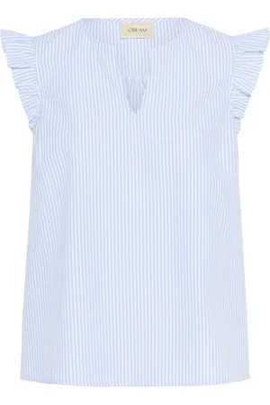 Cream Blouses, female, , L, Sleeveless Striped Blouse with Ruffle Details