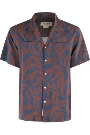 Woolrich Short Sleeve Shirts, male, , S, Blue Leaf Print Camp Shirt