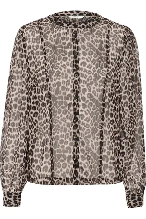 Cream Shirts, female, , XL, Leopard Print Long Sleeve Blouse