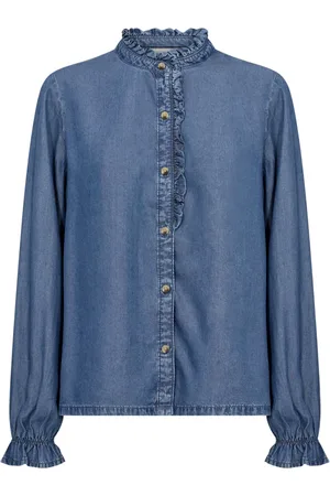 Cream Denim Shirt with Ruffle Details