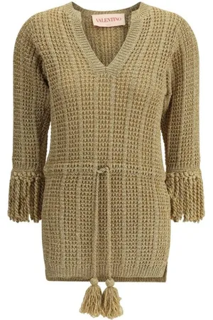 VALENTINO V-neck Knitwear, female, , S, V-Neck Knit Dress with Tassel Sleeves