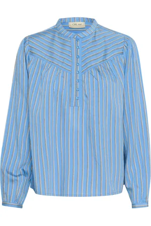 Cream Blouses, female, , L, Stripe Blouse with Mandarin Collar