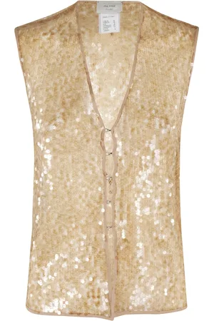 ALYSI Sleeveless Tops, female, , M, Gold Lace Sequin V-Neck Top