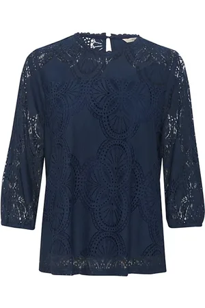 Cream Blouses, female, , M, Elegant Lace Blouse Navy Blazer